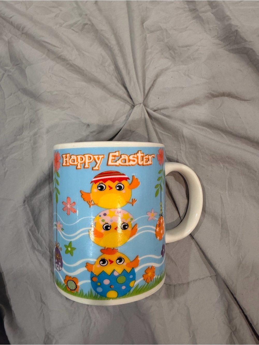Blue 'Happy Easter' Ceramic Mug with Yellow Chick Design